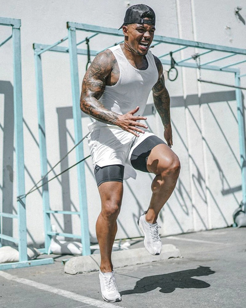 Short court 2 en 1 blanc et noir pour crossfit, calisthenics ou fitness